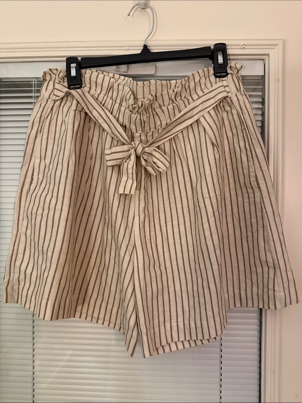 Myra Bag Cream and Brown Striped Paperbag Waist Shorts with Tie